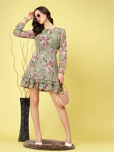 Olive Green Floral Printed Tie-Up Neck Layered Smocked Detail Fit Flar