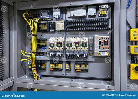 Electrical Control Panel With Wiring And Circuit Breakers In Cabinet ...