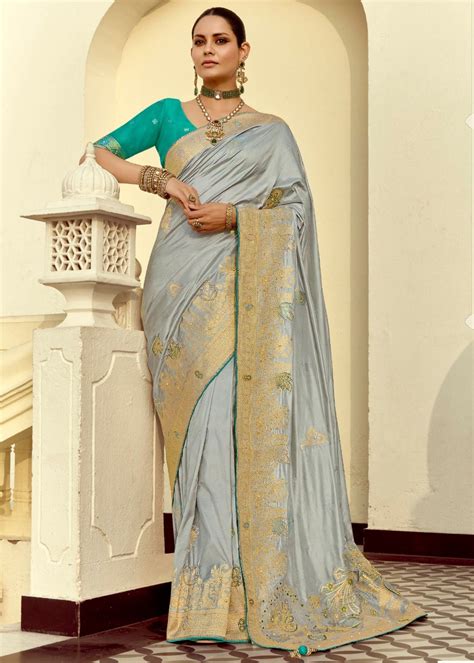 Steel Grey Banarasi Silk Saree With Contrast Blouse – Vasumatis