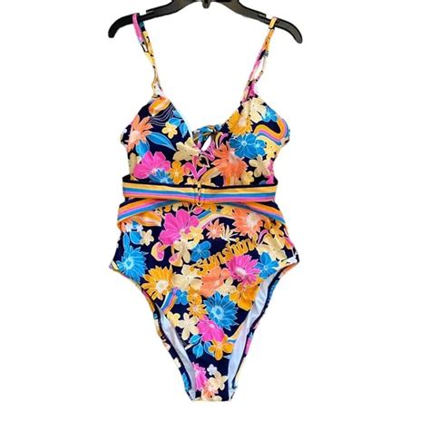 Sunshine 79 Womens Black Pink Floral V-Neck One Piece Swimsuit w/Shelf ...