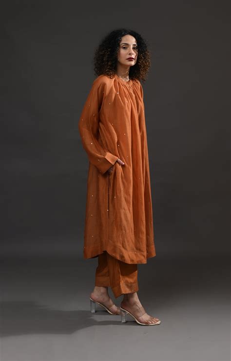 Neck Gather Metallic Dots Chanderi Co-Ord (Set of 2)- Copper – Hiranya