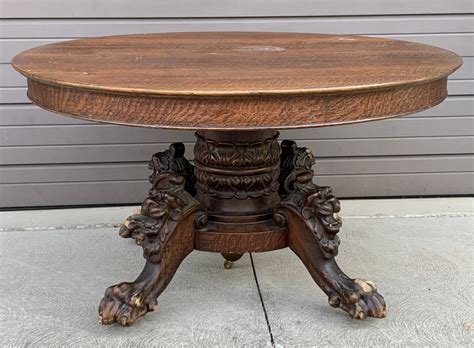 54" Round Oak Lion Head Claw Foot Table with 4 original leaves - Doug ...