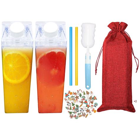2Pack 17oz Christmas Milk Carton Water Bottle- Clear Square Milk Bottle ...