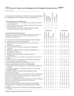 Teacher Classroom Management Strategies Questionnaire - Blank Fillable ...