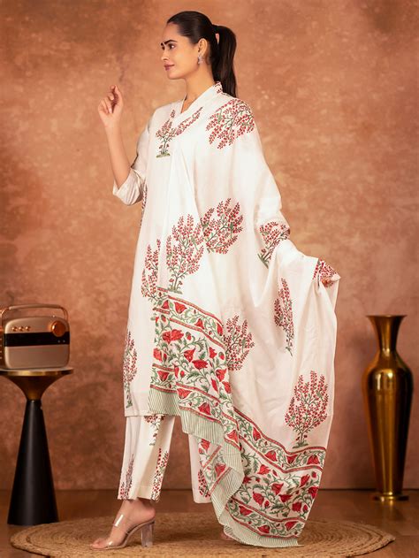 Off White Yellow Hand Block Printed Cotton Kurta with Pants - Set of 2