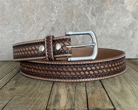 Full Grain Leather Snap-on Belt, Tooled Western Floral Engraved Leather ...