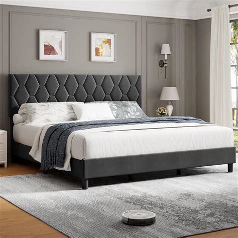 Amazon.com: King Upholstered Bed Frame With Adjustable Headboard, Heavy ...