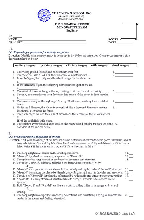 Q1 Mid-Quarter Exam for English 9 - ST. ANDREW'S SCHOOL, INC. La Huerta ...