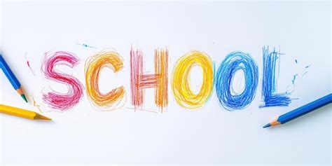 Un dessin au crayon créatif de l'école du mot dans des couleurs vives ...