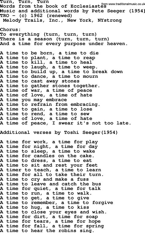 Pete Seeger song - Turn, Turn, Turn lyrics