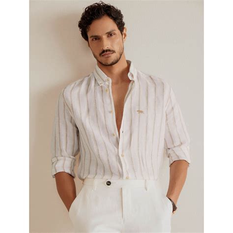 Buy Andamen White Men Linen Stripes Regular Fit Shirt Online