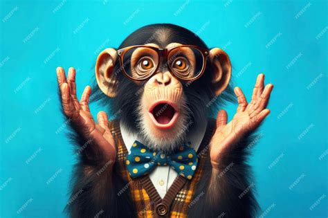 Premium Photo | Surprised funny chimpanzee wear glasses on bright blue ...