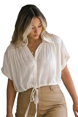 Buy GoSriKi Women's Short Sleeve Shirt Vintage V-Neck Cotton Blend ...