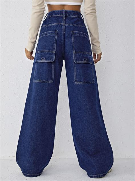 Flap Pocket Patched Wide Leg Jeans | Denim ideas, Denim pants women ...