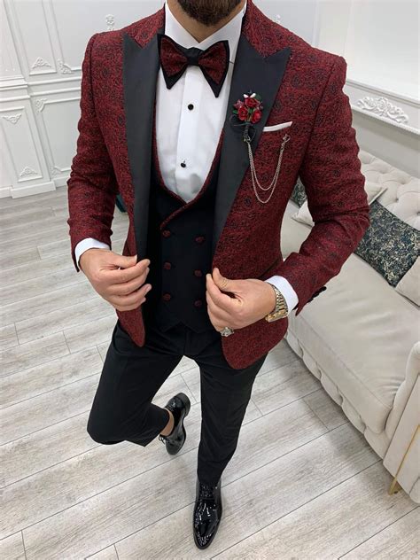 We're featuring a slim-fit burgundy floral jacket tuxedo. From the ...