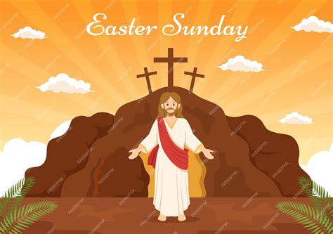 Happy easter sunday day illustration with jesus and he is risen in hand ...