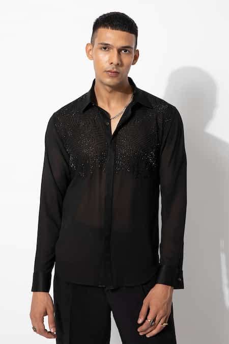 Buy Black Georgette Hand Embroidery Crystals Geometric Shirt For Men by ...