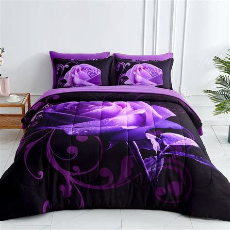 Dinjoy Comforter Set 7 Pieces Purple Rose Bedding Sets Bed in a Bag ...