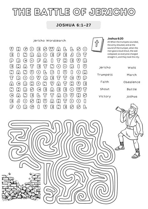 The Battle of Jericho – Walls Fall Down: 6 Bible Activity Sheet with Puzzles - Free Bible Worksheets