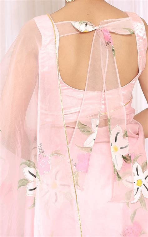 Powder Pink Handpainted Organza Saree