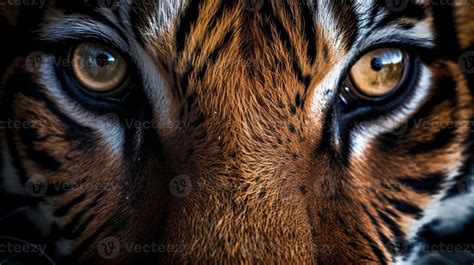 The close-up of the intense tiger's eyes, with their yellow color ...