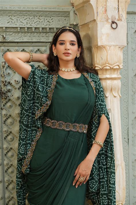 Shop Green Chinon Silk Pre Draped Saree With Bandhani Cape & Belt ...
