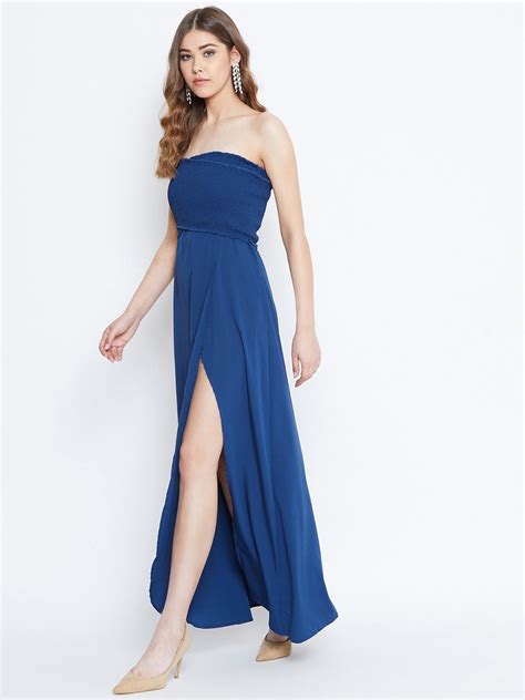 Berrylush Women Solid Blue Off-Shoulder Smocked Thigh-High Slit Maxi D