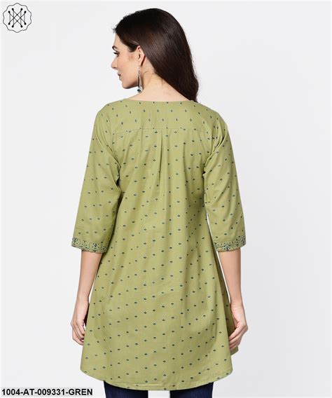 Green Printed 3/4Th Sleeve Cotton A-Line Kurta – Trendphoria