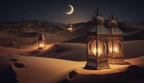 Glowing Muslim Lanterns stands in the desert at night sky on full moon ...