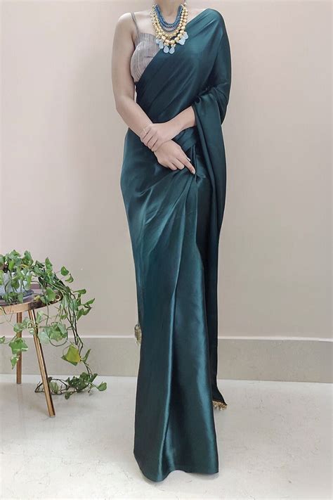 1-MIN READY TO WEAR Dark Green Satin Silk Saree – Accura Designer