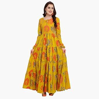 Buy Raisin Women's Comfortable Yellow Printed Cotton Floor Length A ...