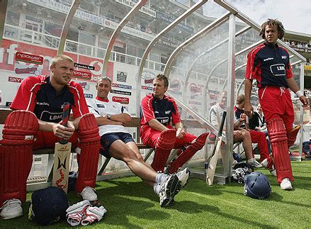 Andrew Flintoff, Dominic Cork and Andrew Symonds await their turn ...