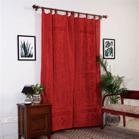 Red Square Cutwork Cotton Barmer Applique Door Curtain
