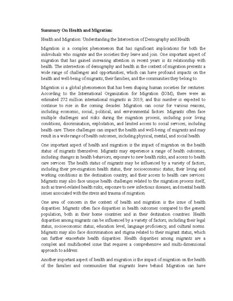 Summary On Health and Migration - Summary On Health and Migration ...
