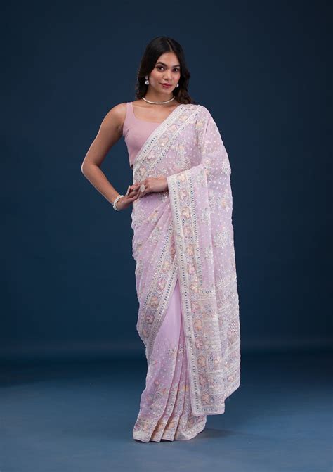 Buy Baby Pink Threadwork Georgette Saree - Koskii