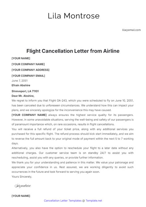 Free Flight Cancellation Letter from Airline Template to Edit Online