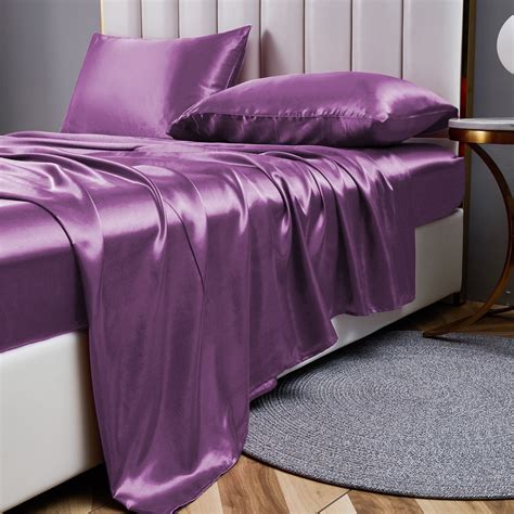 ANMINY Luxury Satin Silk Queen Bed Sheet Set, Lavender Stripe, Deep ...
