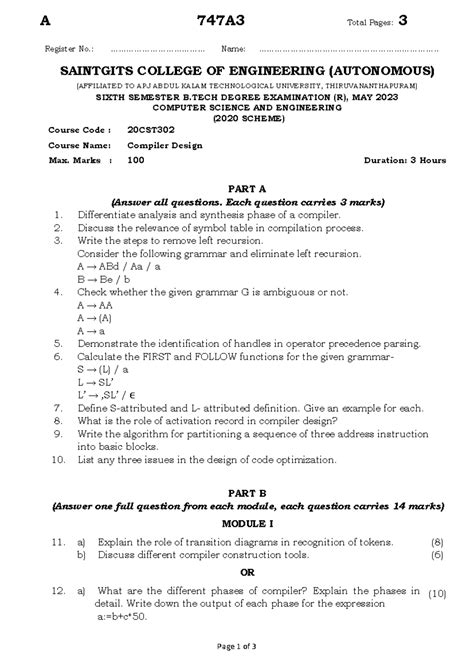 Compiler Design B.Tech CS S6 May 2023 - A 747A3 Total Pages: 3 Page 1 ...