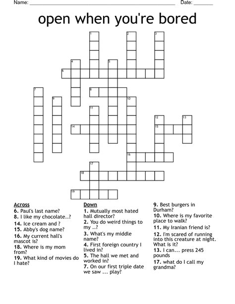 open when you're bored Crossword - WordMint