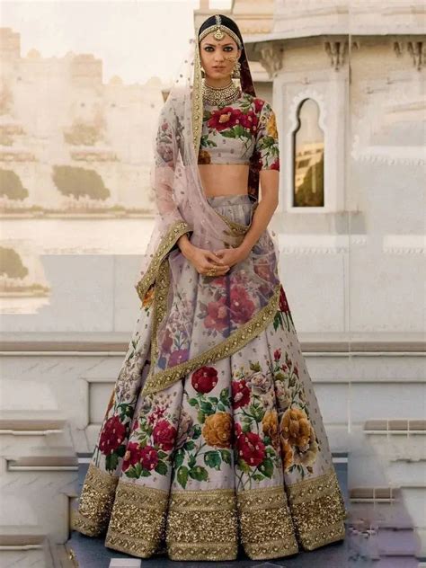Buy Sabyasachi Gray Floral Digital Printed Art Silk Bridal Lehenga ...