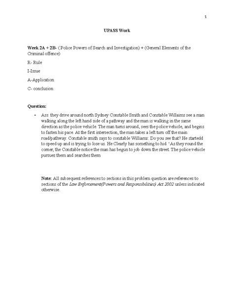 Upass Work- Tasks - 1 UPASS Work Week 2A + 2B- ( Police Powers of ...