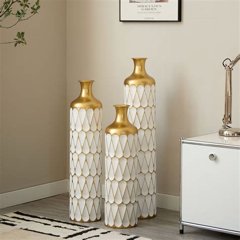 Everly Quinn 3-Piece White Gold Floor Vase, Golden Prism Design, Tall ...