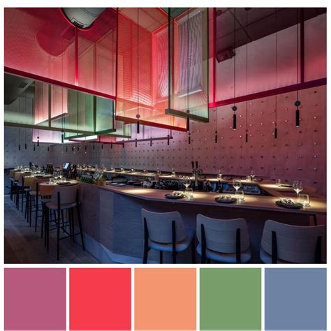 Tetradic colour scheme (Double complementary) features in this restaurant design -… | Restaurant ...
