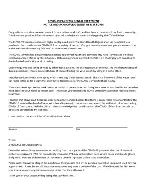 Fillable Online COVID19 PANDEMIC DENTAL TREATMENT NOTICE AND ... Fax ...