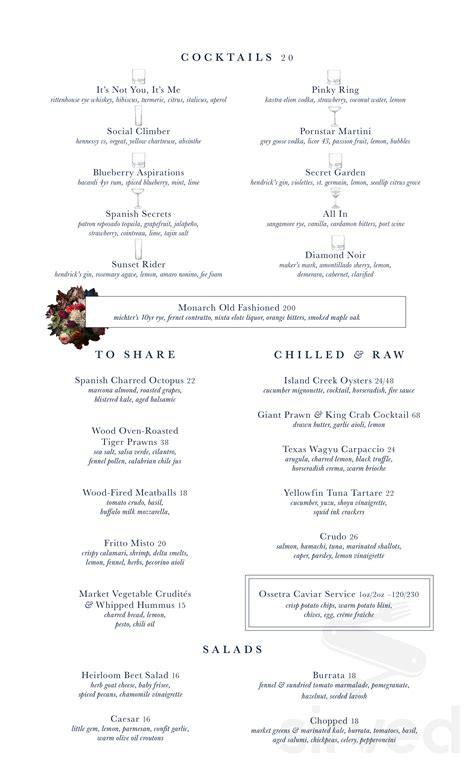 Monarch Restaurant menu in Dallas, Texas, USA