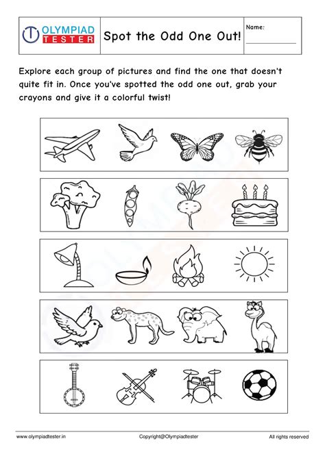 Kindergarten Worksheet - Spot the Odd One Out! | Olympiad tester