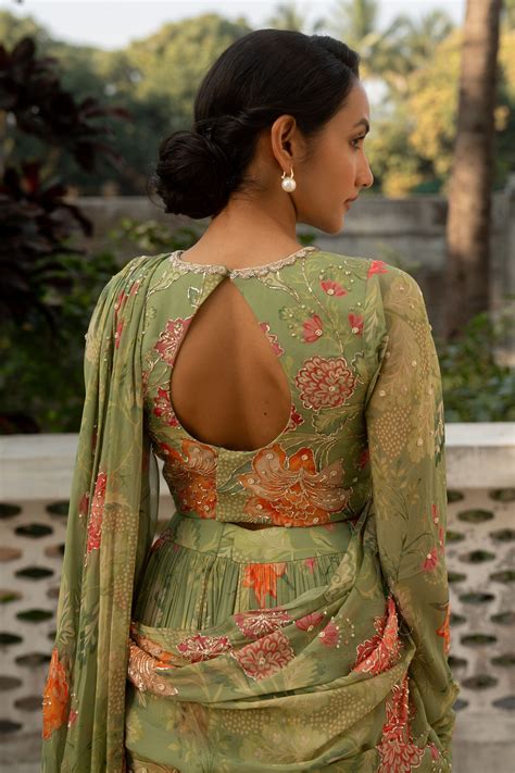 Paulmi and Harsh - Sage Green Printed Saree Set - Elahe