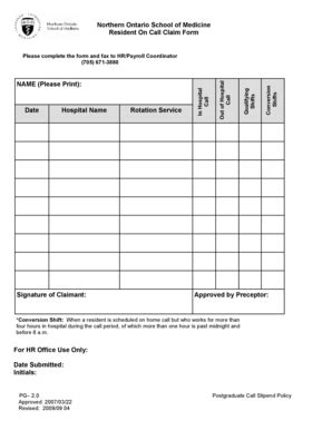Fillable Online Resident On Call Claim Form 2 - Northern Ontario School ...