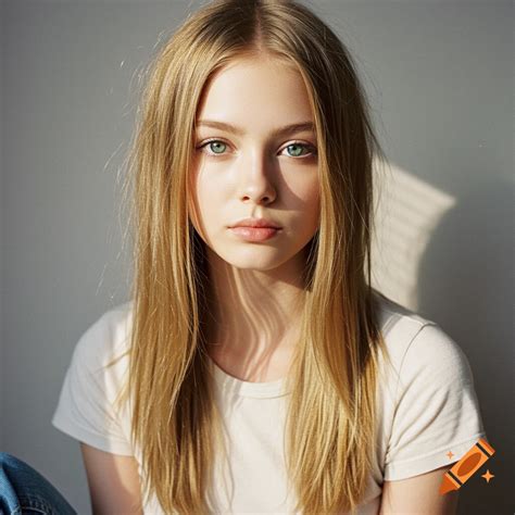 Portrait of a young girl with long blonde hair and green eyes, wearing ...