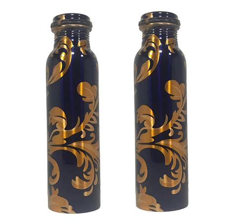 ADYAHCREATIONS Blue Flower Printed Copper Water Bottle Pack of 21000 ml ...